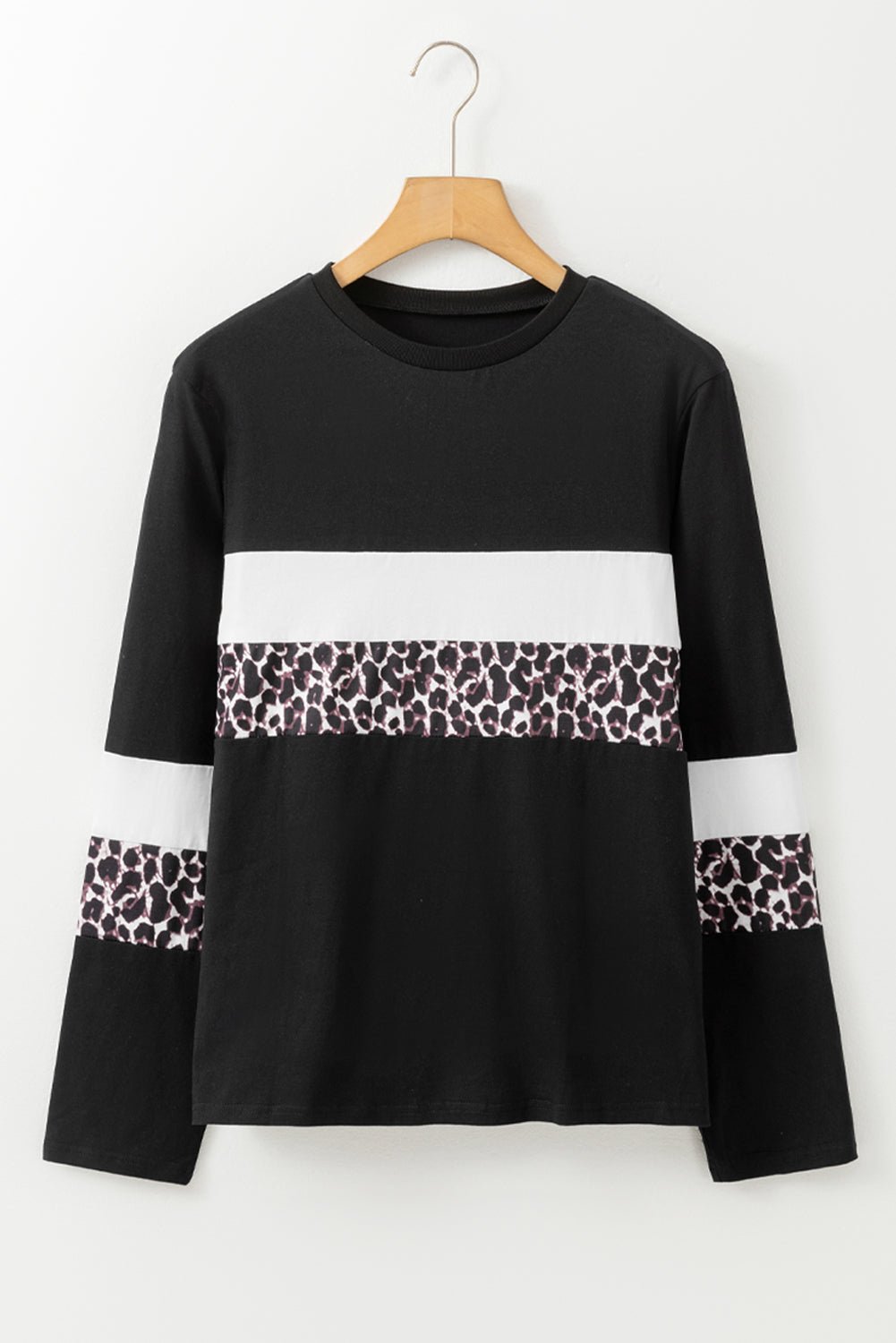 Rose Leopard Colorblock Patchwork Crew Neck Top - MAD RUFFI