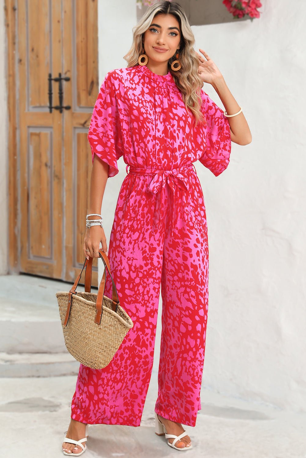 Rose Leopard Print Tulip Sleeve Belted Wide Leg Jumpsuit - MAD RUFFI