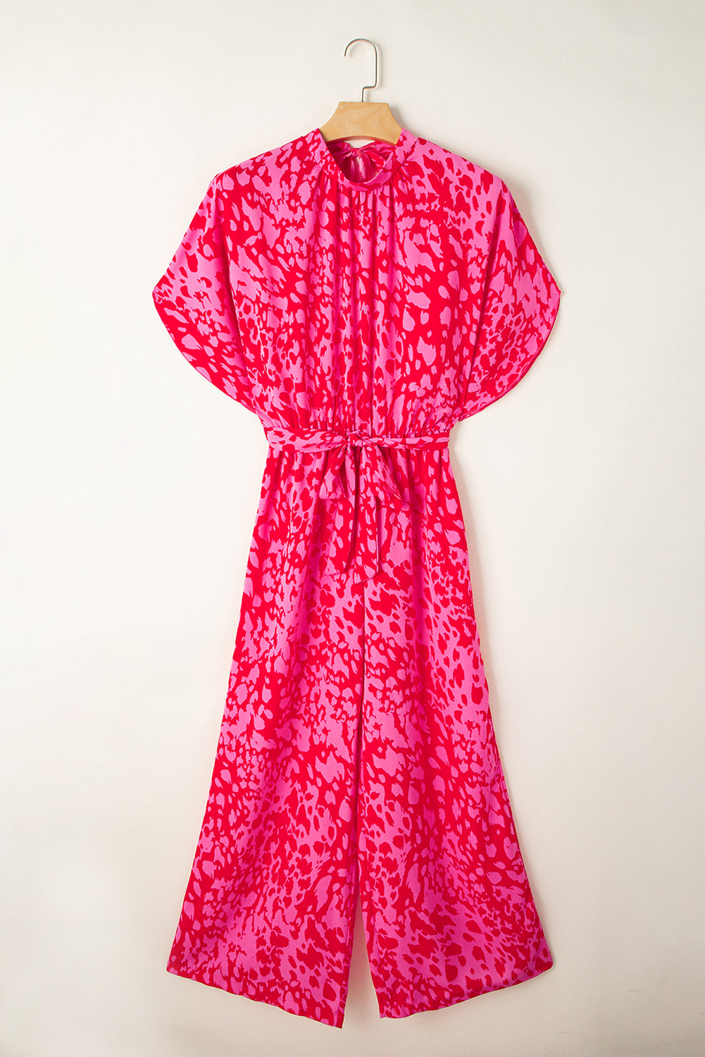 Rose Leopard Print Tulip Sleeve Belted Wide Leg Jumpsuit - MAD RUFFI