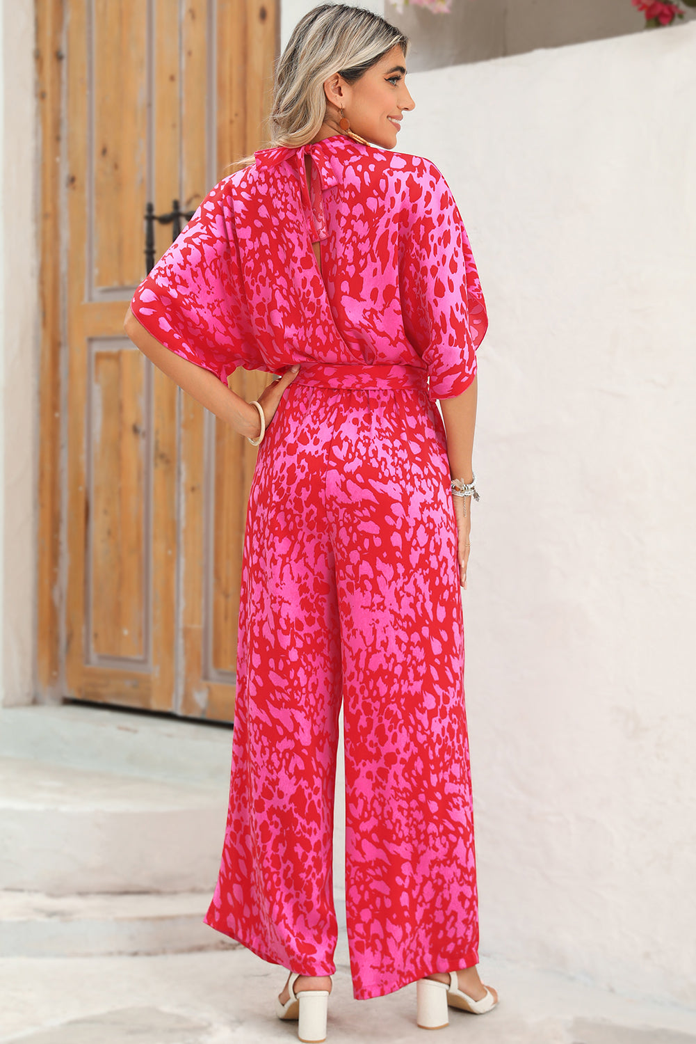 Rose Leopard Print Tulip Sleeve Belted Wide Leg Jumpsuit - MAD RUFFI