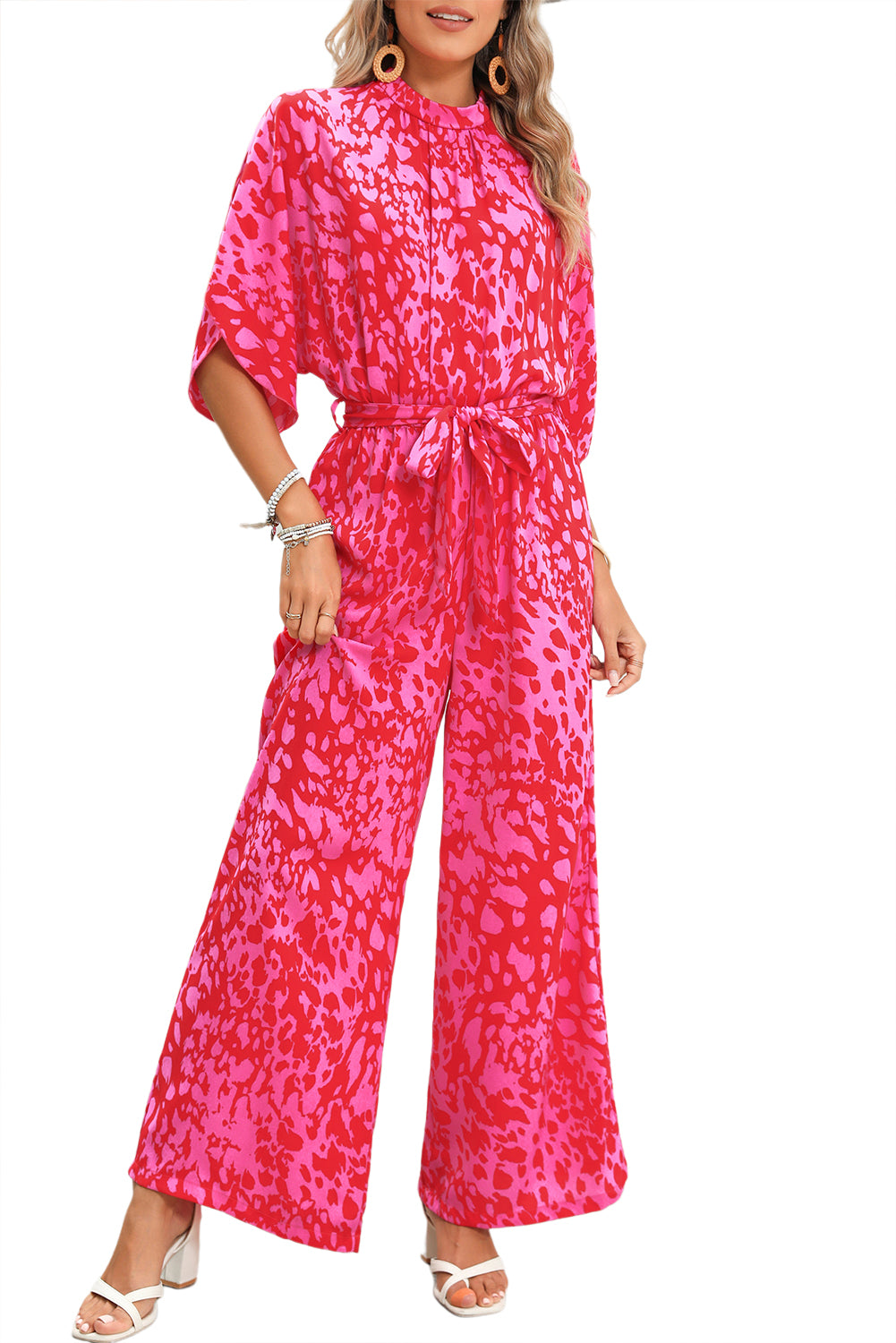 Rose Leopard Print Tulip Sleeve Belted Wide Leg Jumpsuit - MAD RUFFI