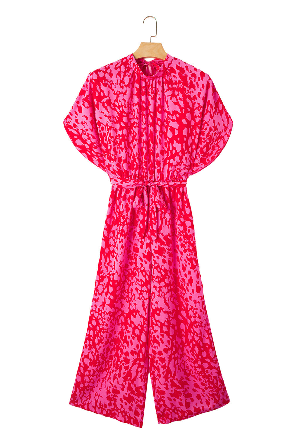 Rose Leopard Print Tulip Sleeve Belted Wide Leg Jumpsuit - MAD RUFFI