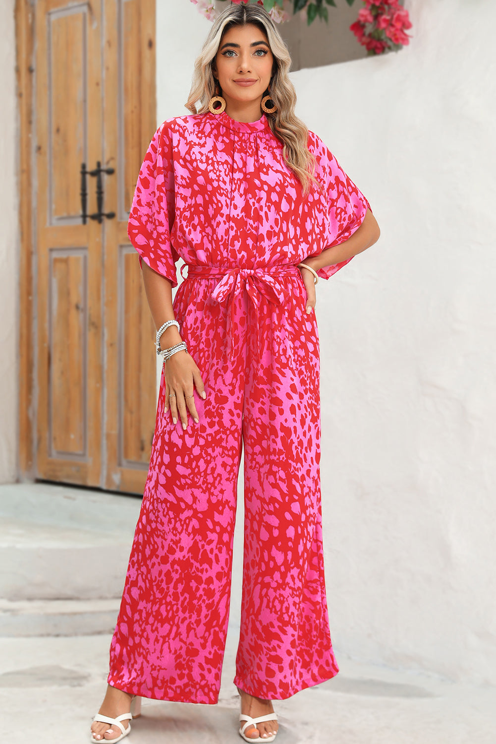 Rose Leopard Print Tulip Sleeve Belted Wide Leg Jumpsuit - MAD RUFFI