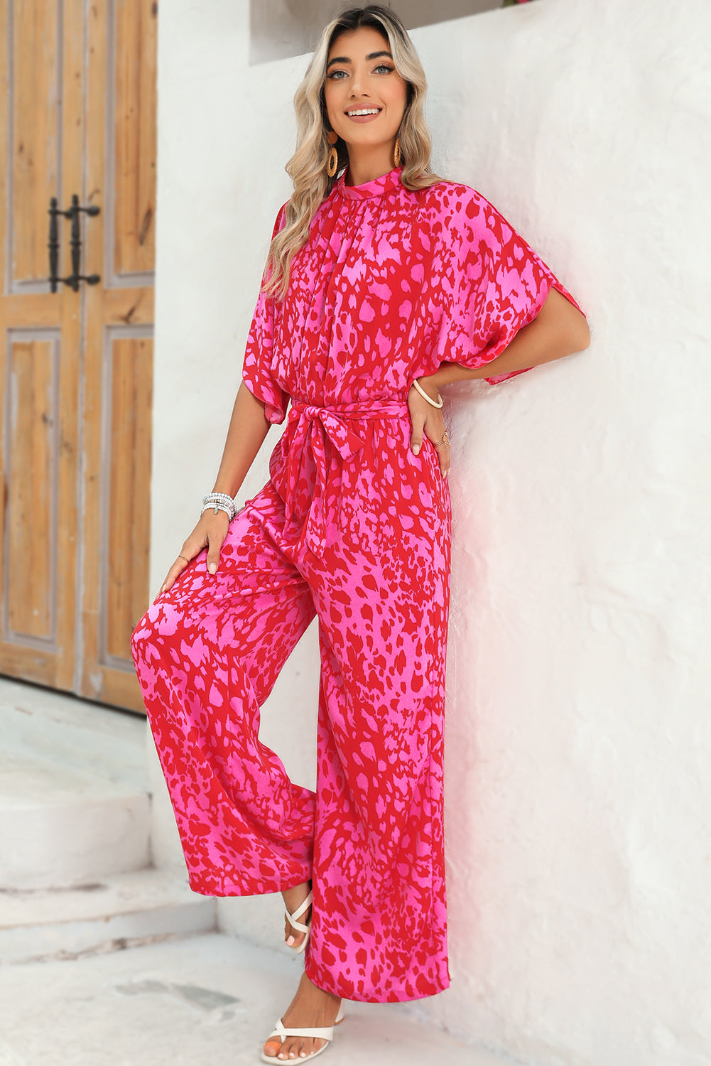 Rose Leopard Print Tulip Sleeve Belted Wide Leg Jumpsuit - MAD RUFFI