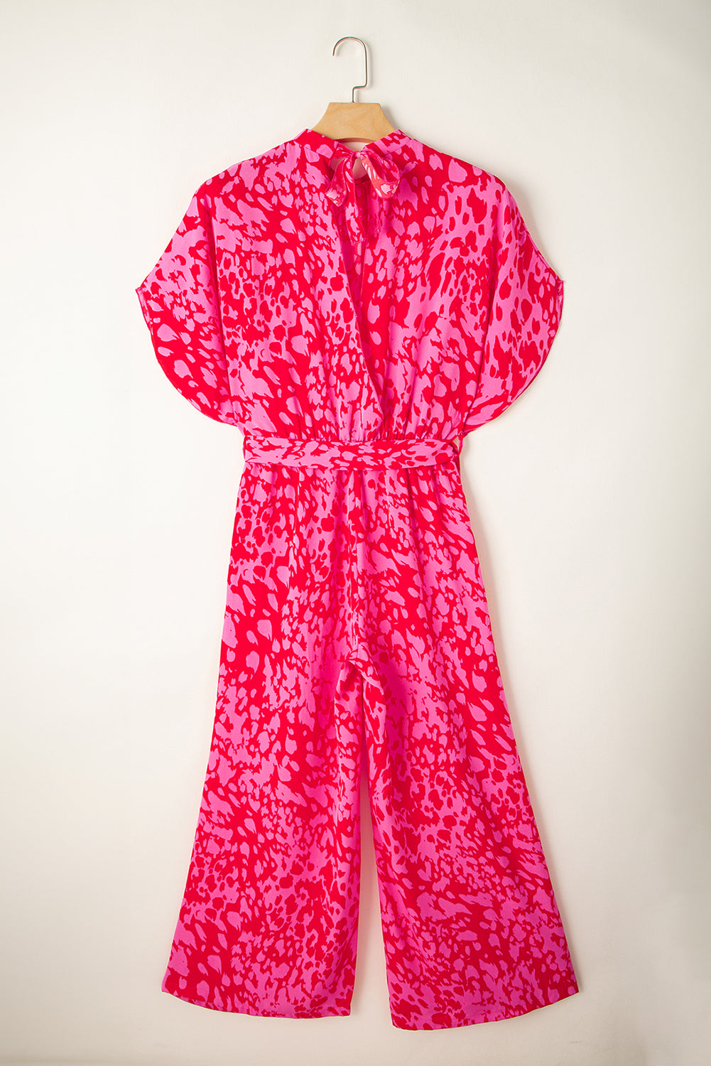 Rose Leopard Print Tulip Sleeve Belted Wide Leg Jumpsuit - MAD RUFFI