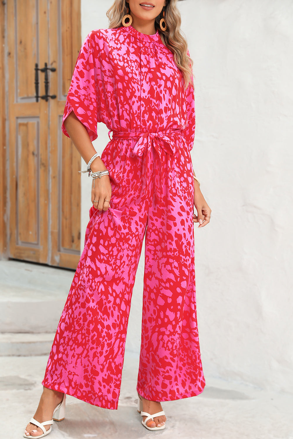 Rose Leopard Print Tulip Sleeve Belted Wide Leg Jumpsuit - MAD RUFFI