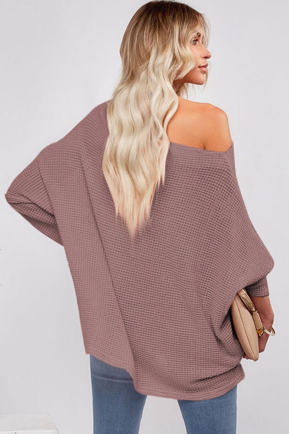 Rose Pink Loose Long Sleeve Waffle Knit Top - MAD RUFFI