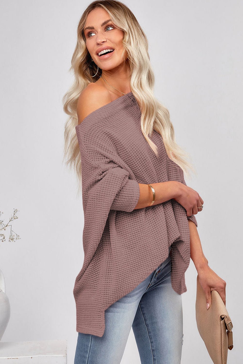Rose Pink Loose Long Sleeve Waffle Knit Top - MAD RUFFI