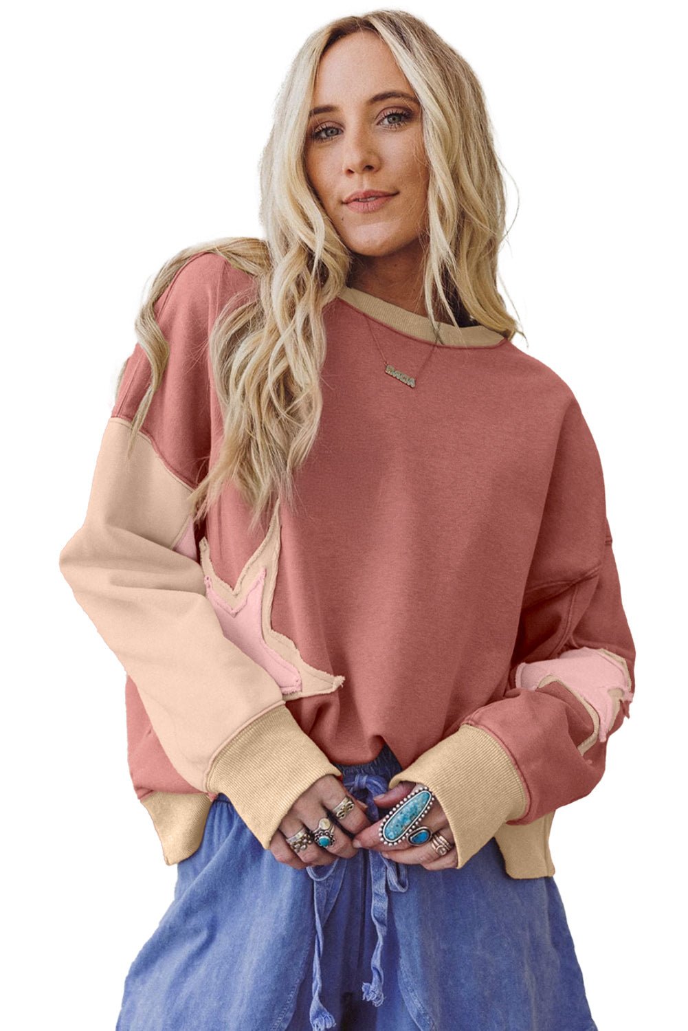 Rose Pink Star Patchwork Exposed Seam Uneven Hem Sweatshirt - MAD RUFFI