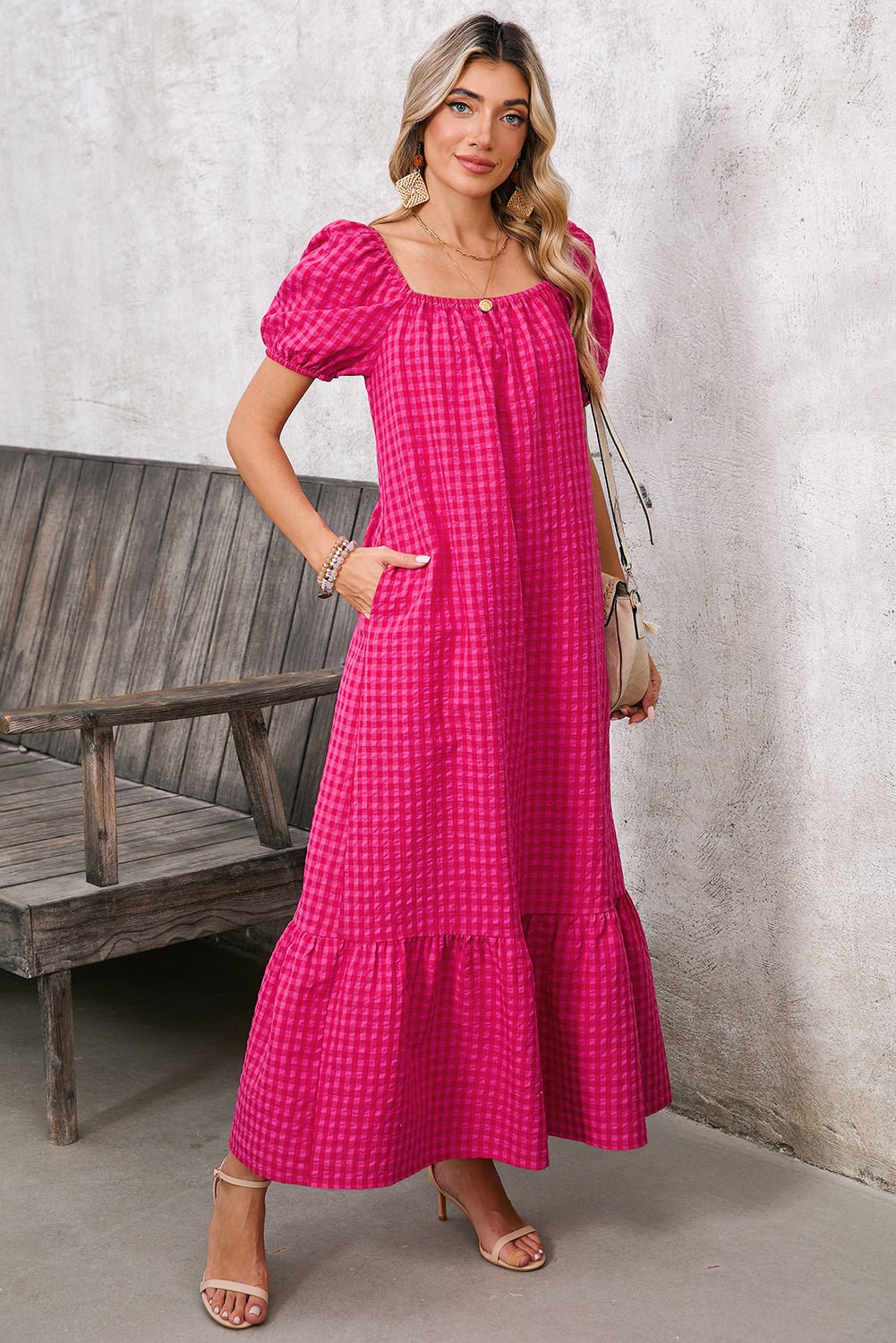 Rose Plaid Square Neck Puff Sleeve Maxi Dress - MAD RUFFI