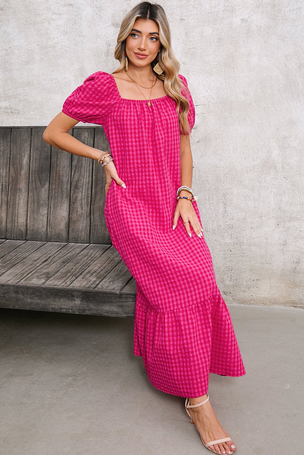 Rose Plaid Square Neck Puff Sleeve Maxi Dress - MAD RUFFI