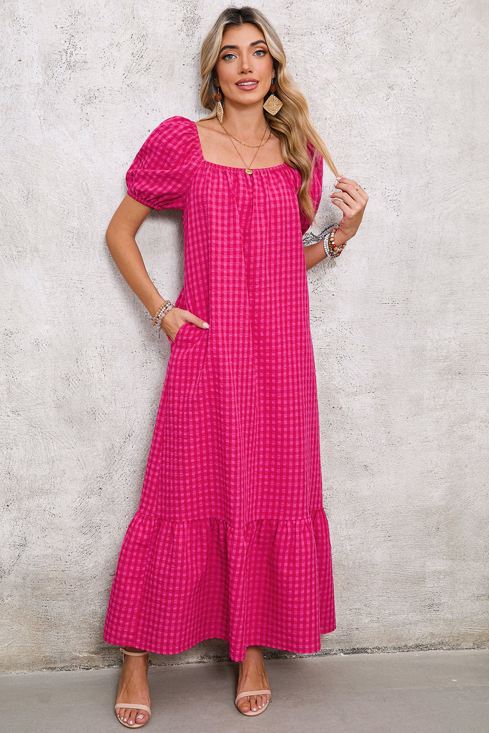 Rose Plaid Square Neck Puff Sleeve Maxi Dress - MAD RUFFI