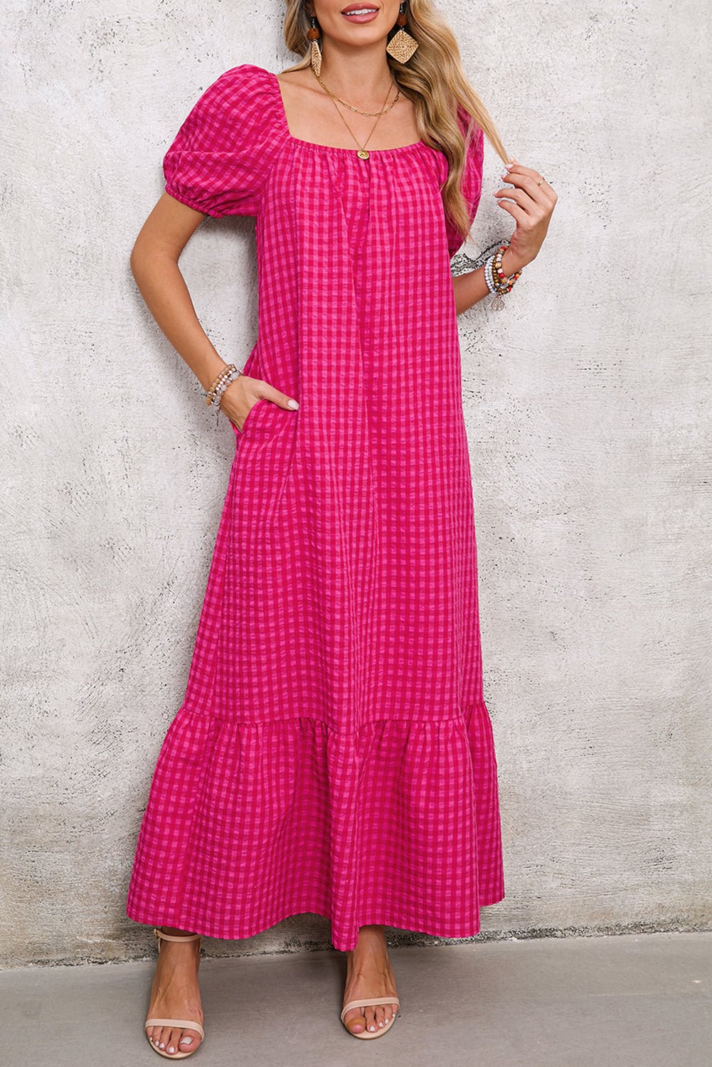 Rose Plaid Square Neck Puff Sleeve Maxi Dress - MAD RUFFI