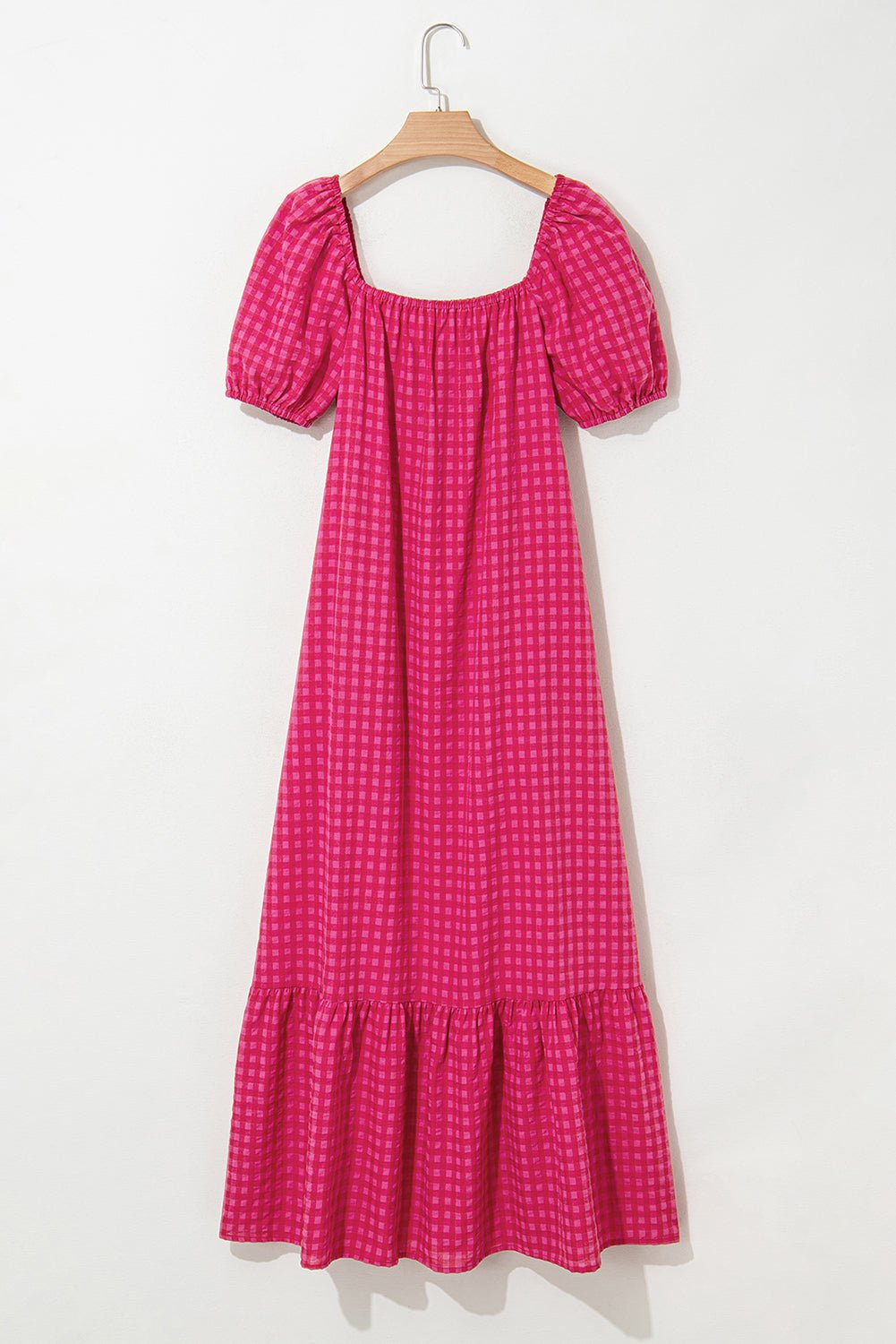 Rose Plaid Square Neck Puff Sleeve Maxi Dress - MAD RUFFI