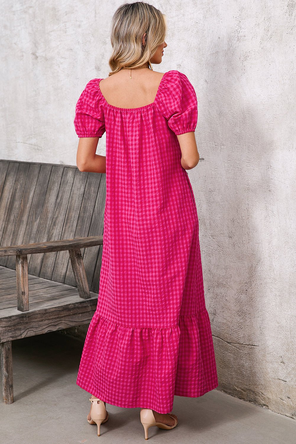 Rose Plaid Square Neck Puff Sleeve Maxi Dress - MAD RUFFI