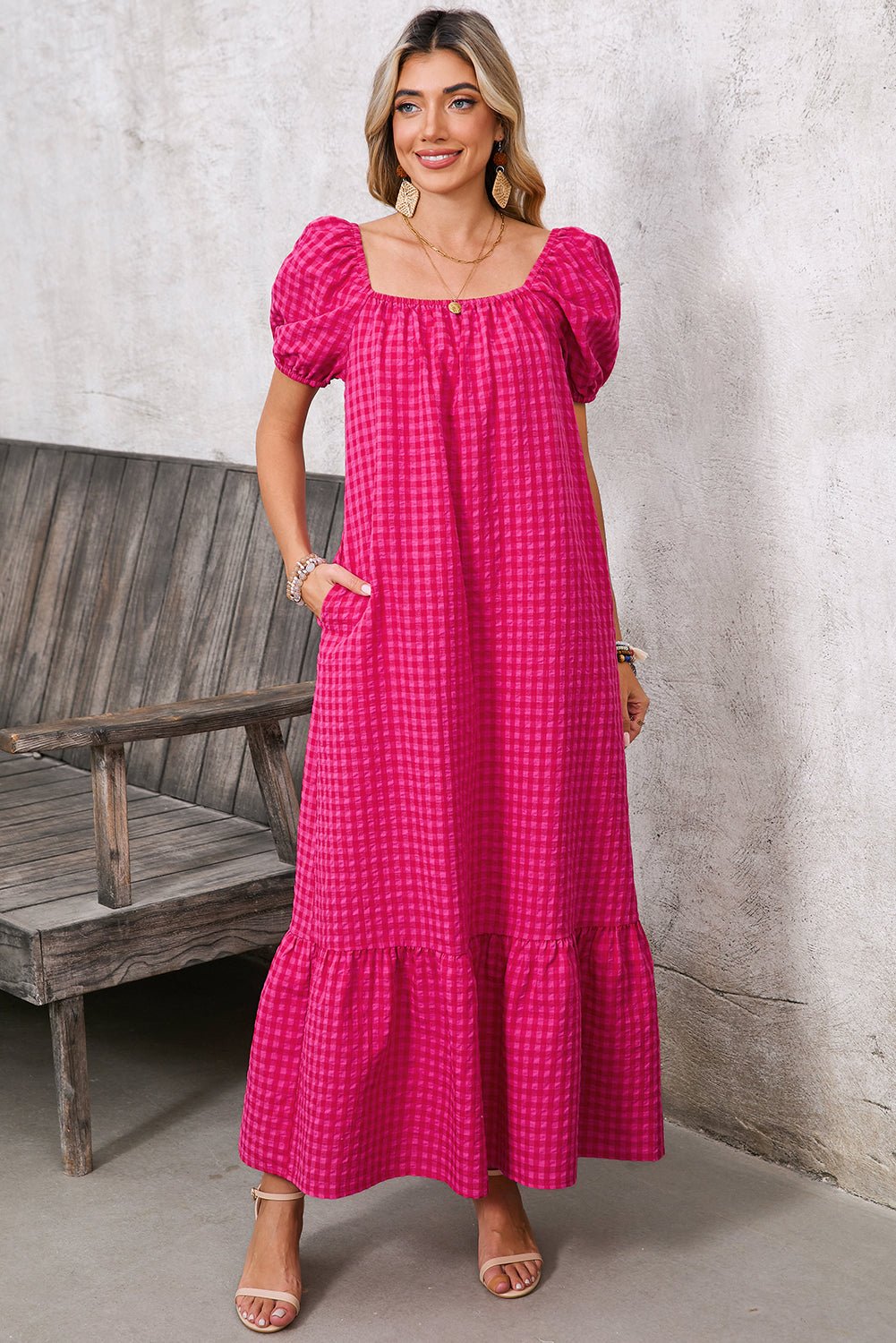 Rose Plaid Square Neck Puff Sleeve Maxi Dress - MAD RUFFI
