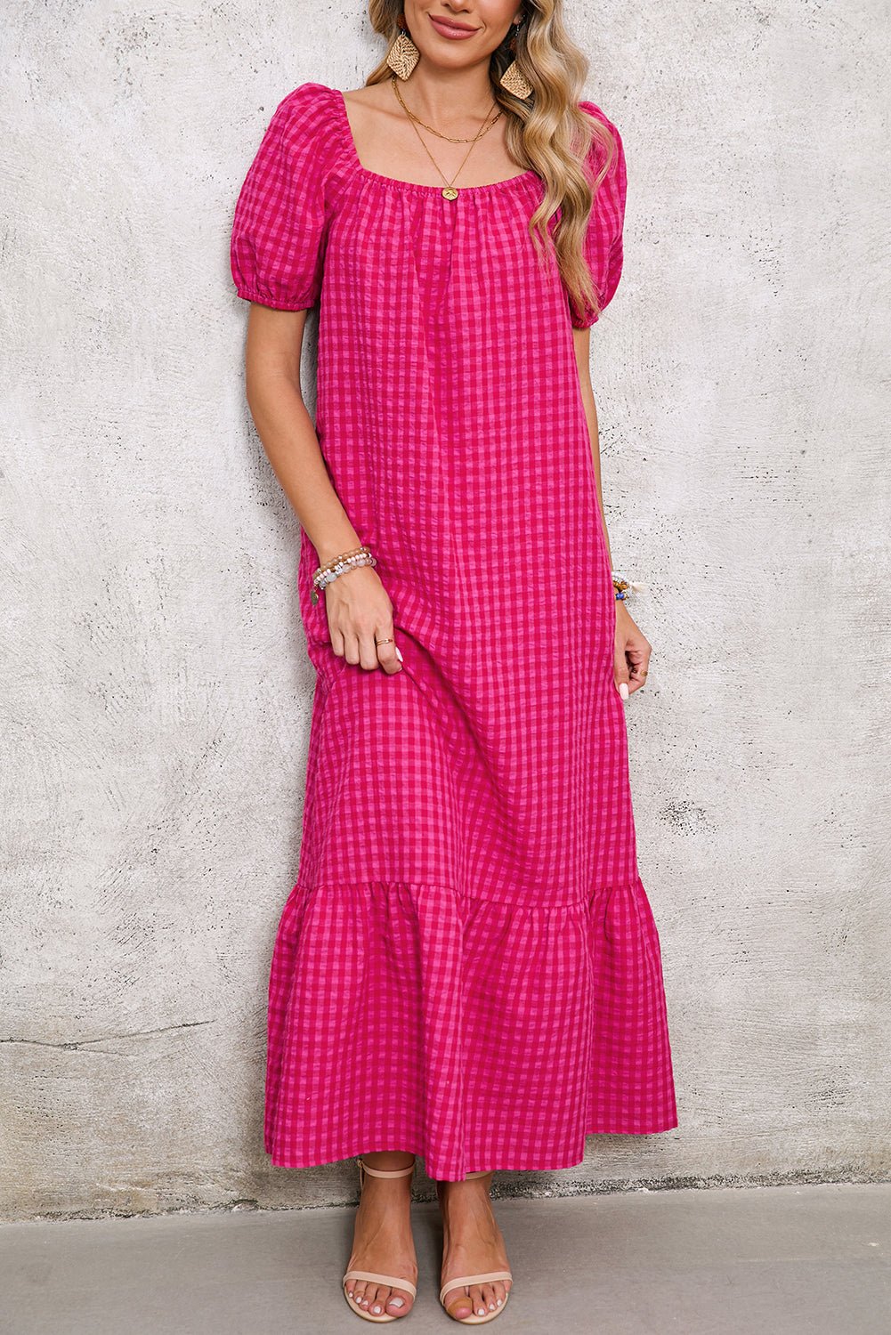 Rose Plaid Square Neck Puff Sleeve Maxi Dress - MAD RUFFI