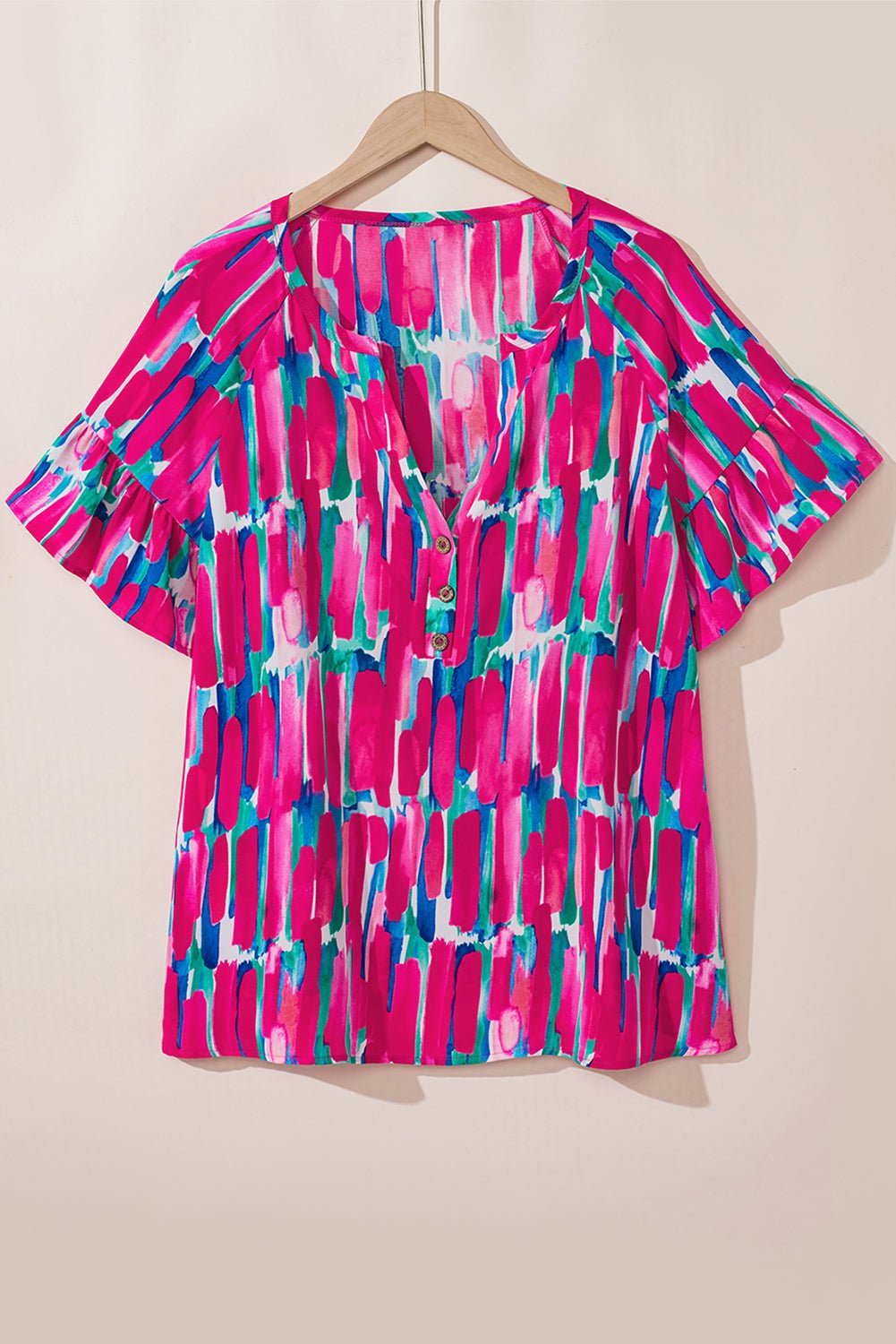 Rose Plus Abstract Ruffle Sleeve Button V Neck Blouse - MAD RUFFI