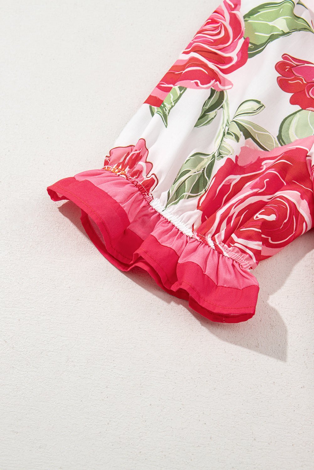 Rose Plus Size Floral Print Frill Neck Short Sleeve Blouse - MAD RUFFI