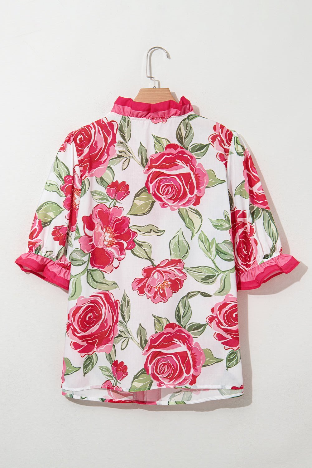 Rose Plus Size Floral Print Frill Neck Short Sleeve Blouse - MAD RUFFI