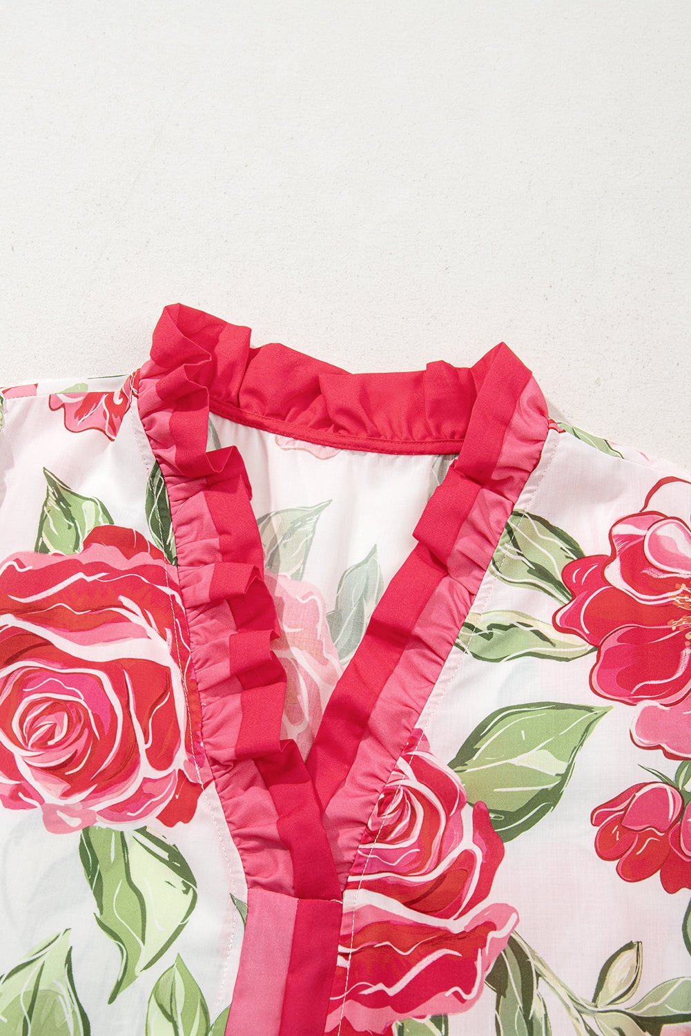 Rose Plus Size Floral Print Frill Neck Short Sleeve Blouse - MAD RUFFI