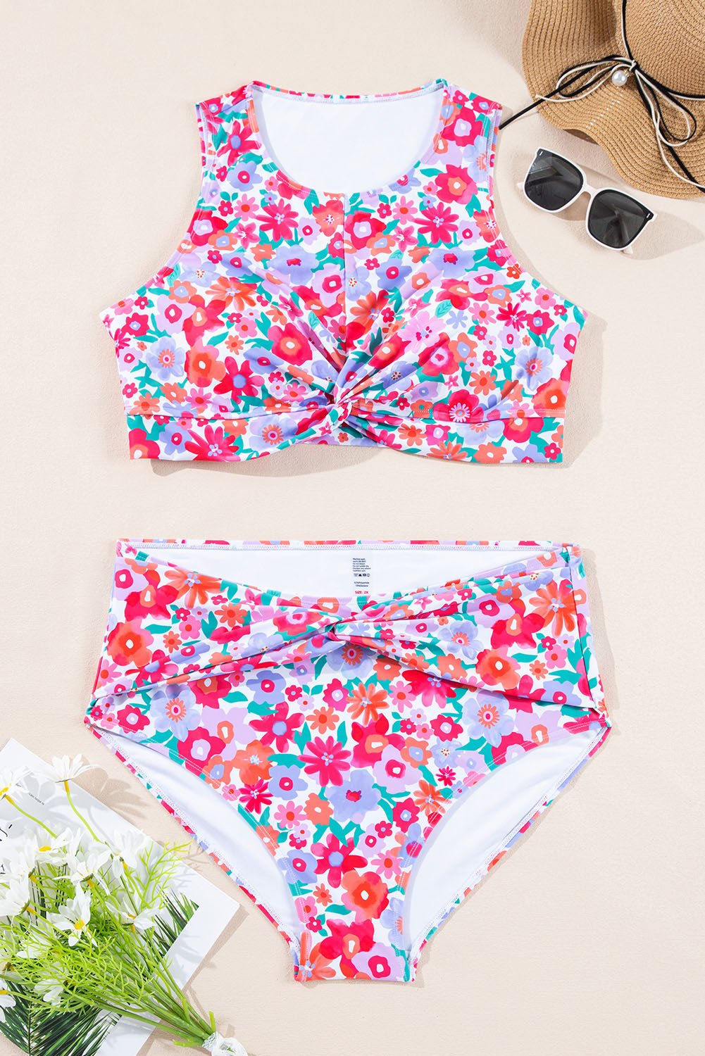 Rose Plus Size Floral Print Twisted High Waist Bikini Set - MAD RUFFI