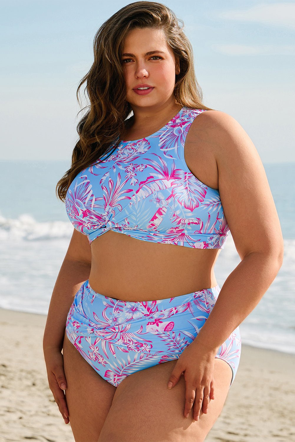 Rose Plus Size Floral Print Twisted High Waist Bikini Set - MAD RUFFI