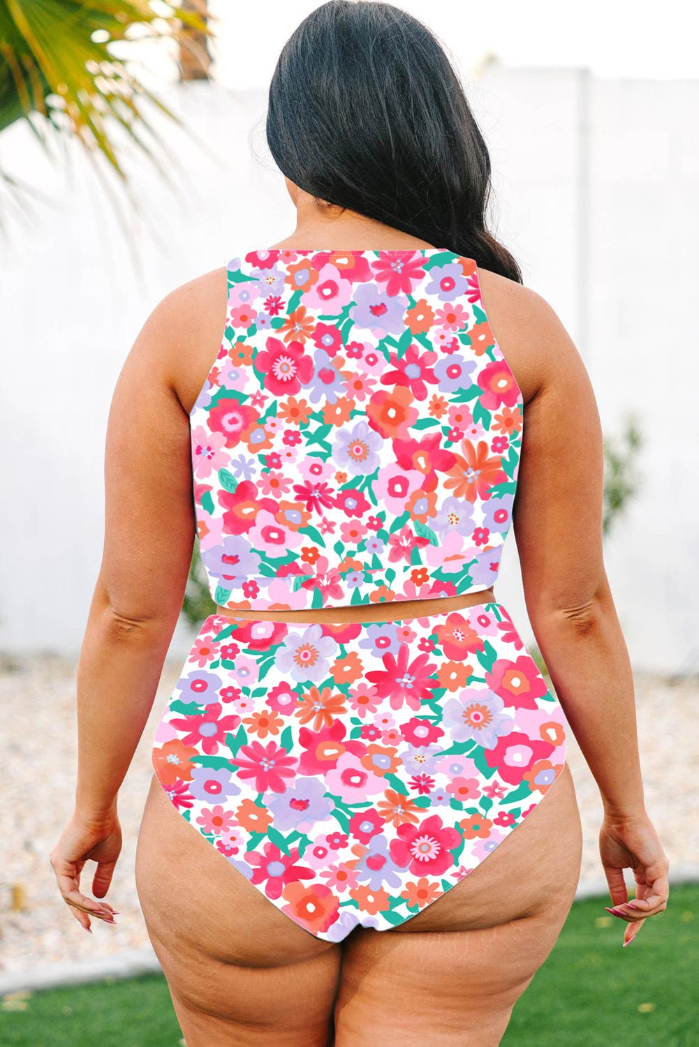 Rose Plus Size Floral Print Twisted High Waist Bikini Set - MAD RUFFI