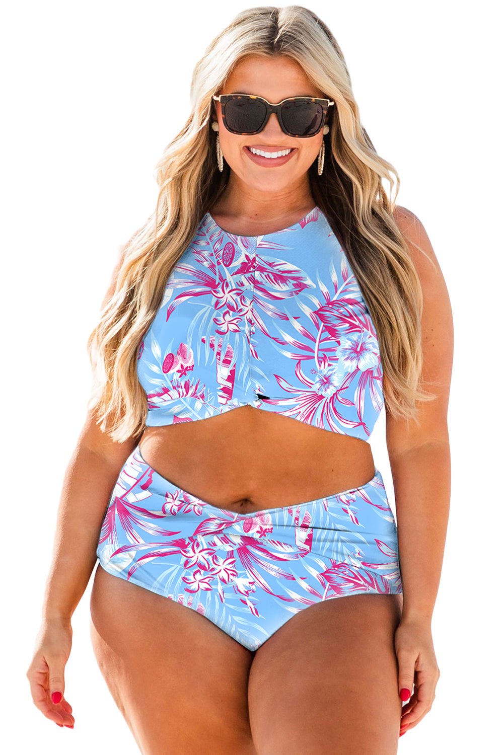Rose Plus Size Floral Print Twisted High Waist Bikini Set - MAD RUFFI