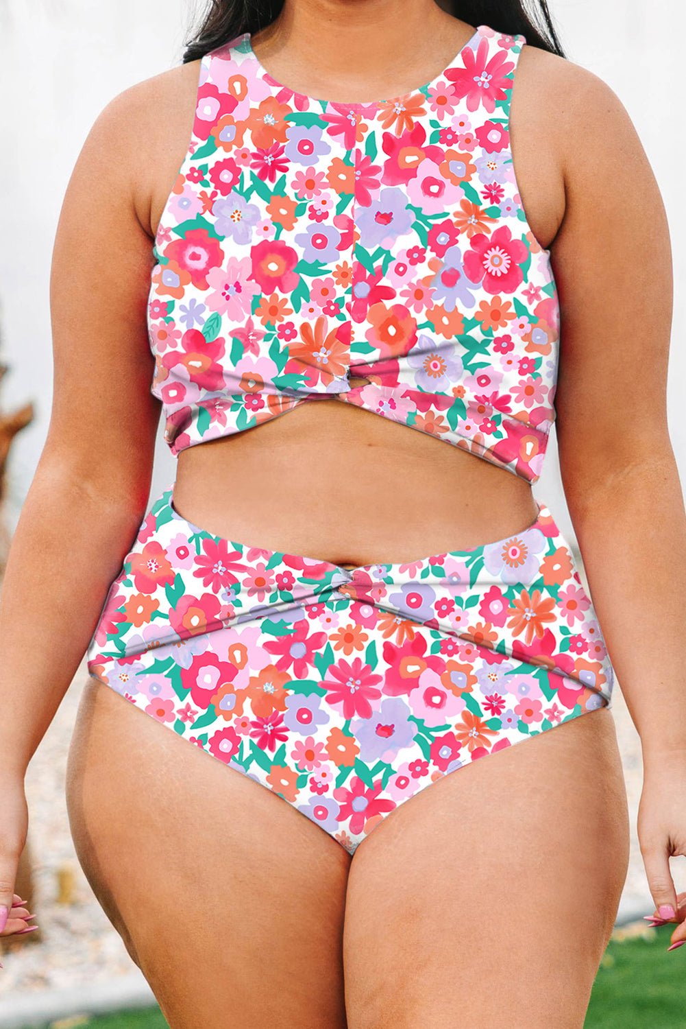 Rose Plus Size Floral Print Twisted High Waist Bikini Set - MAD RUFFI