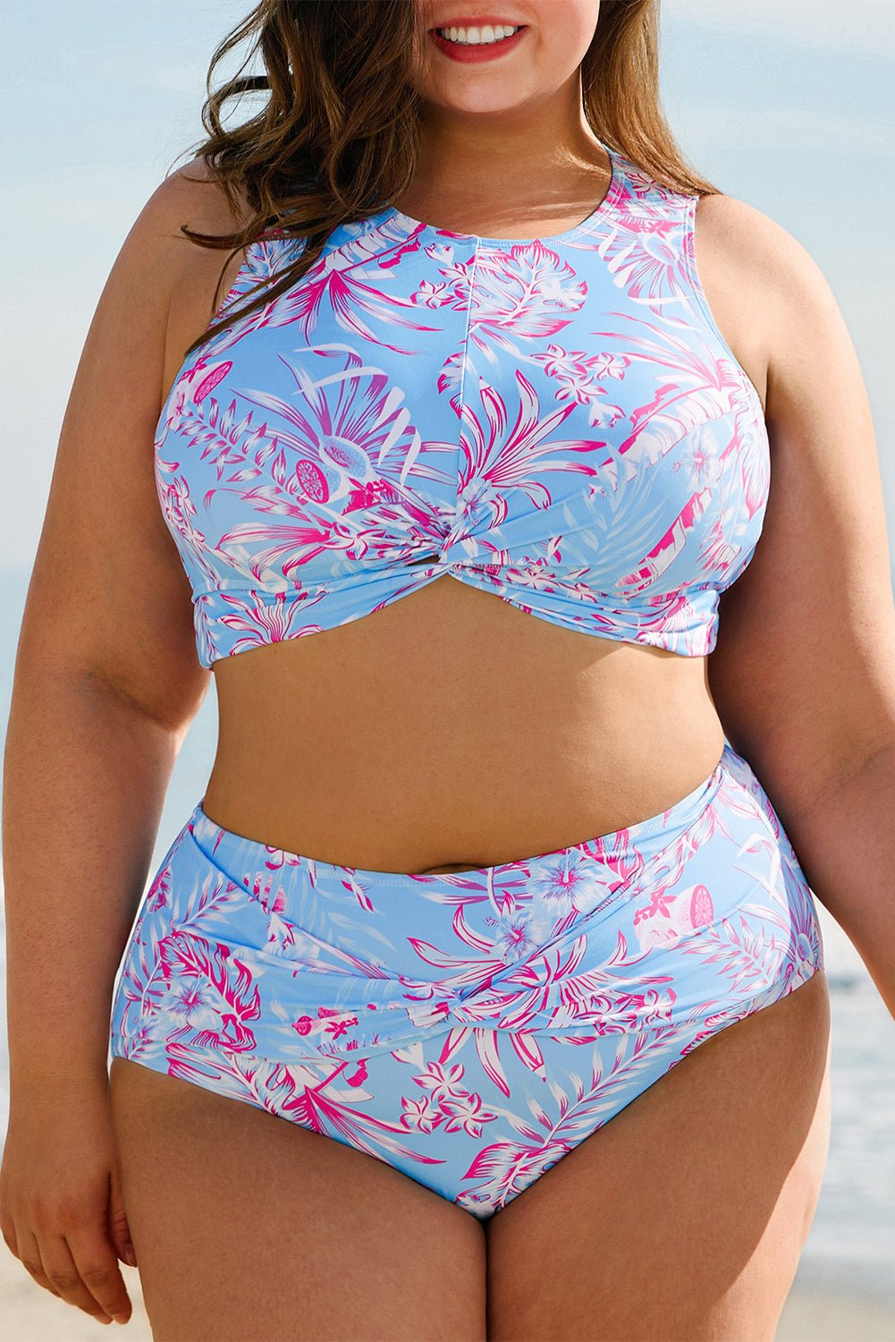 Rose Plus Size Floral Print Twisted High Waist Bikini Set - MAD RUFFI