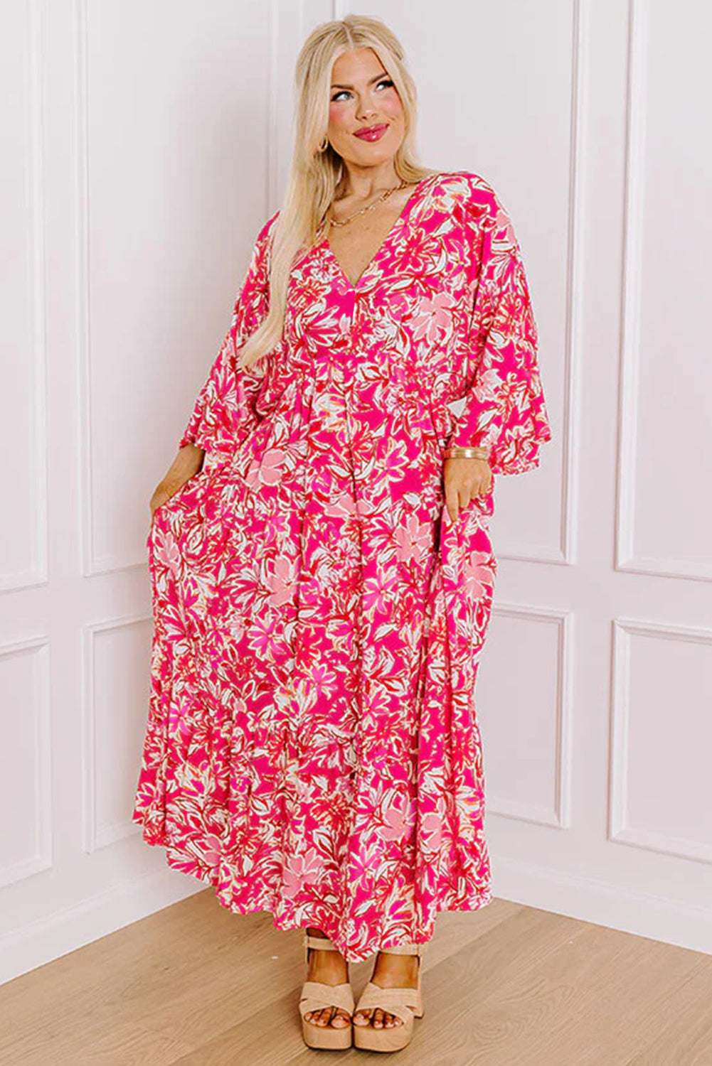 Rose Plus Size Floral V Neck Flounce Sleeve Boho Maxi Dress - MAD RUFFI