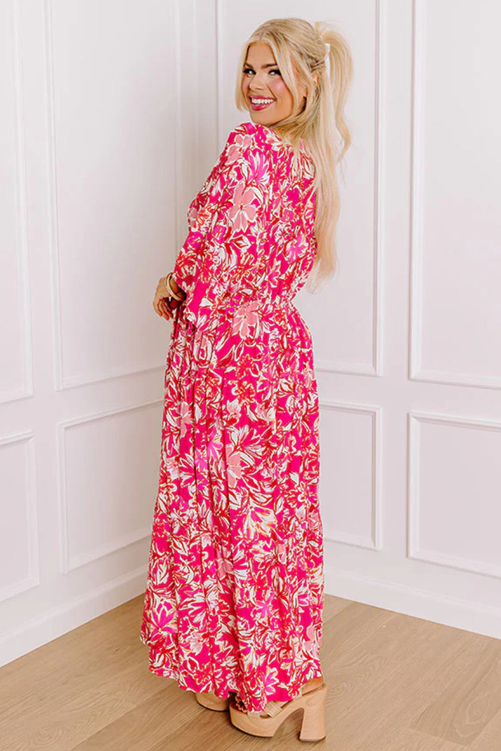 Rose Plus Size Floral V Neck Flounce Sleeve Boho Maxi Dress - MAD RUFFI