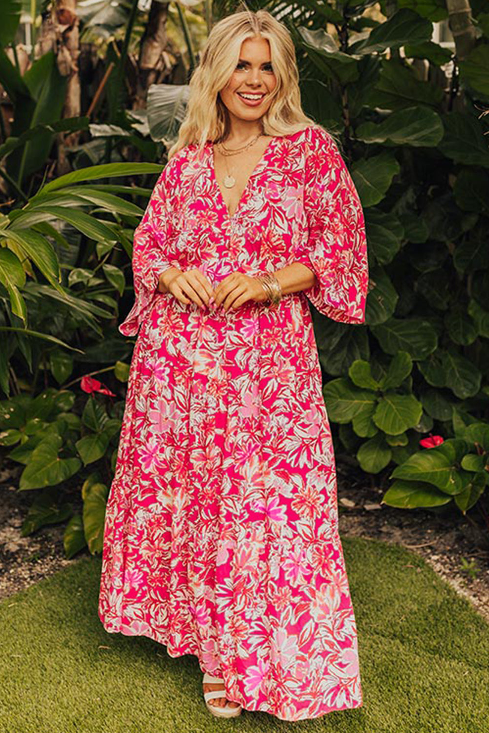 Rose Plus Size Floral V Neck Flounce Sleeve Boho Maxi Dress - MAD RUFFI