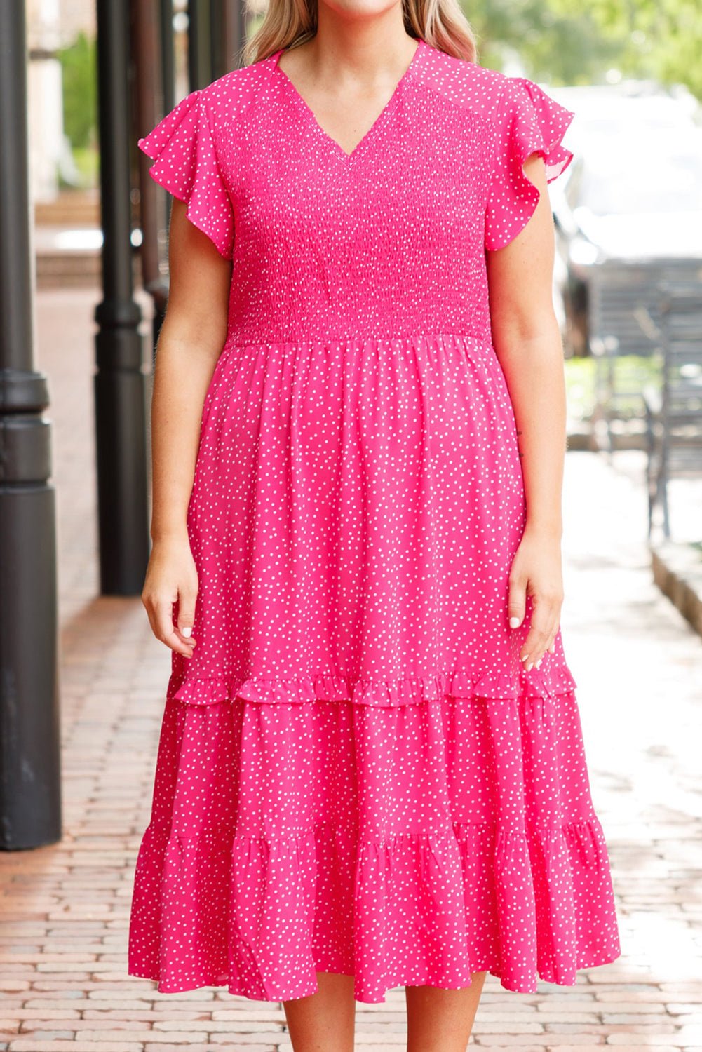 Rose Polka Dot Print Ruffle Smocked High Waist Plus Midi Dress - MAD RUFFI