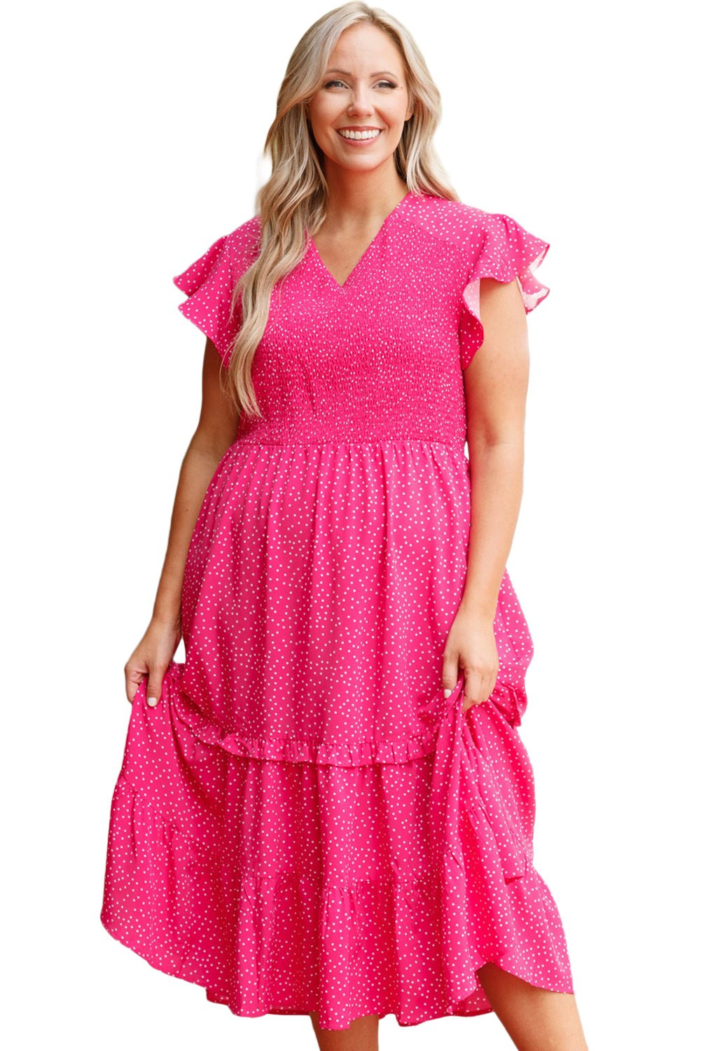 Rose Polka Dot Print Ruffle Smocked High Waist Plus Midi Dress - MAD RUFFI