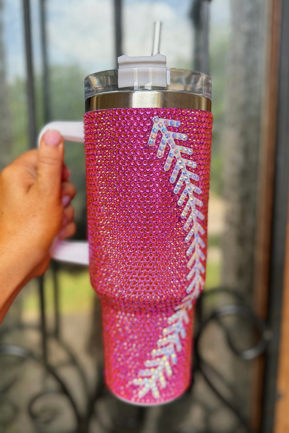 Rose Red 40Oz Baseball Rhinestone Tumbler Cup - MAD RUFFI