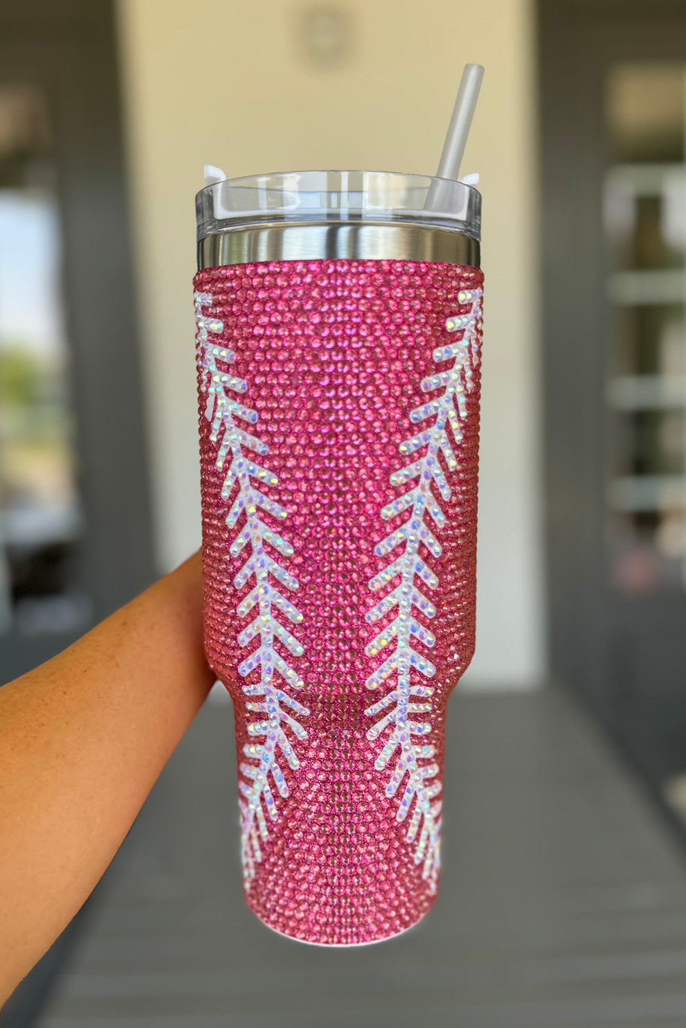 Rose Red 40Oz Baseball Rhinestone Tumbler Cup - MAD RUFFI