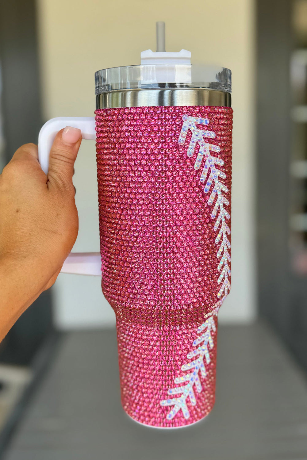 Rose Red 40Oz Baseball Rhinestone Tumbler Cup - MAD RUFFI