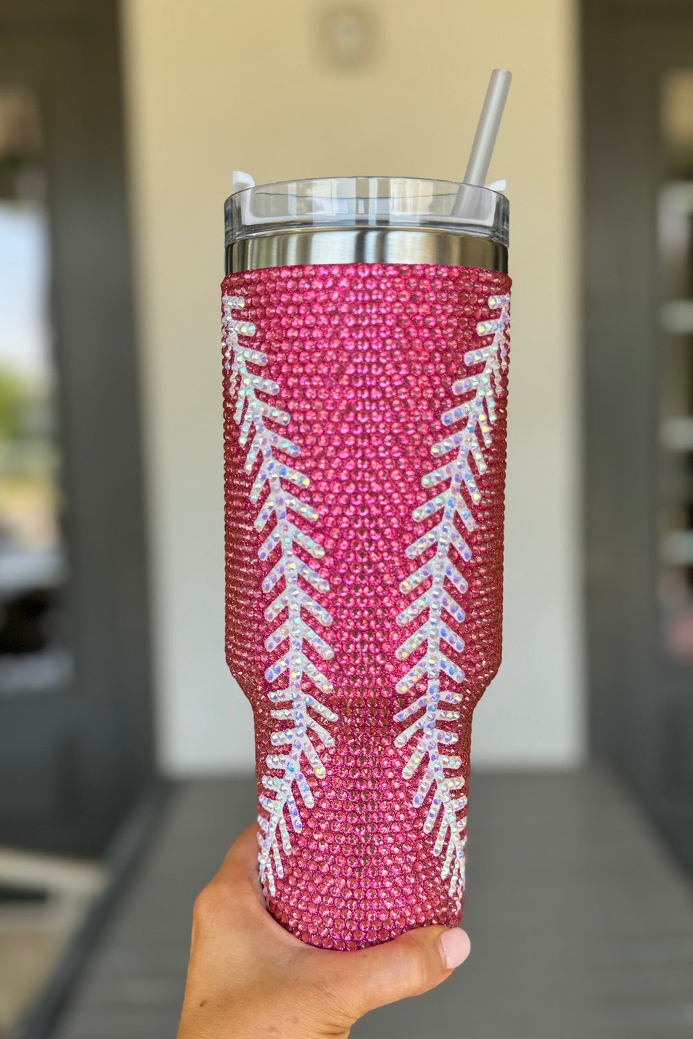 Rose Red 40Oz Baseball Rhinestone Tumbler Cup - MAD RUFFI