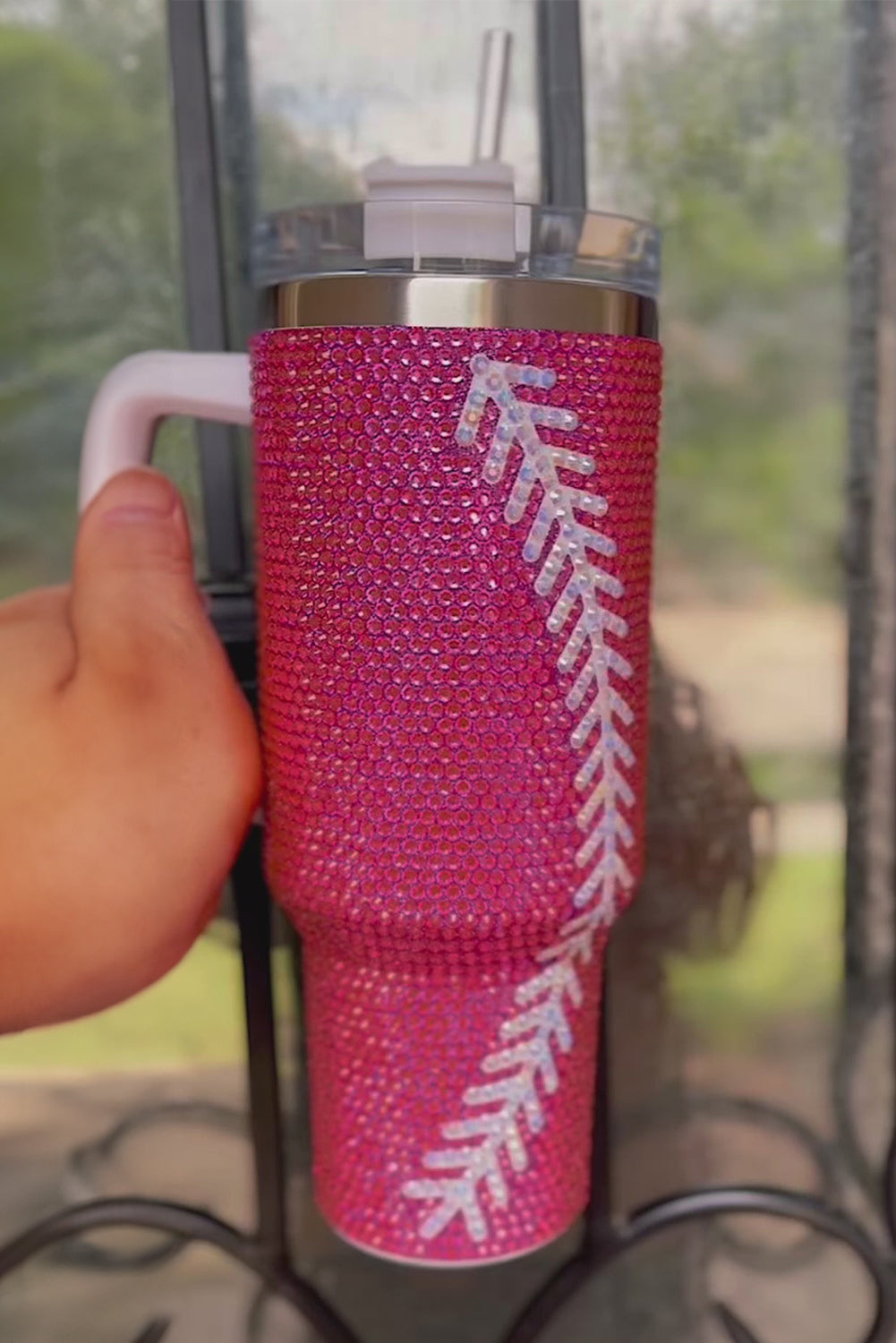 Rose Red 40Oz Baseball Rhinestone Tumbler Cup - MAD RUFFI