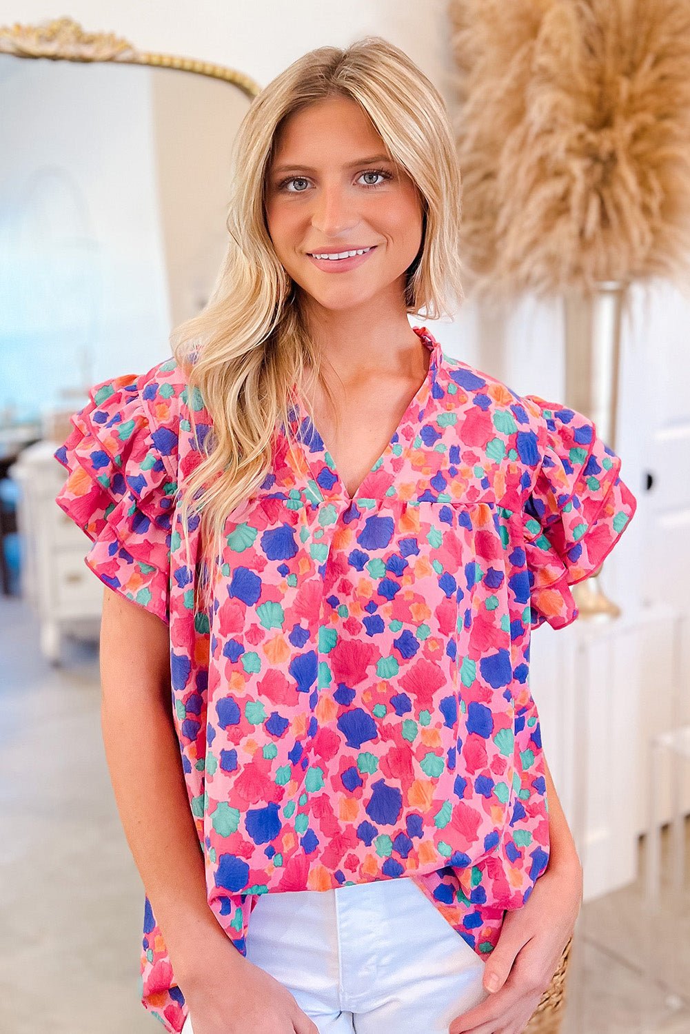 Rose Red Abstract Print Ruffle Sleeve V Neck Blouse - MAD RUFFI