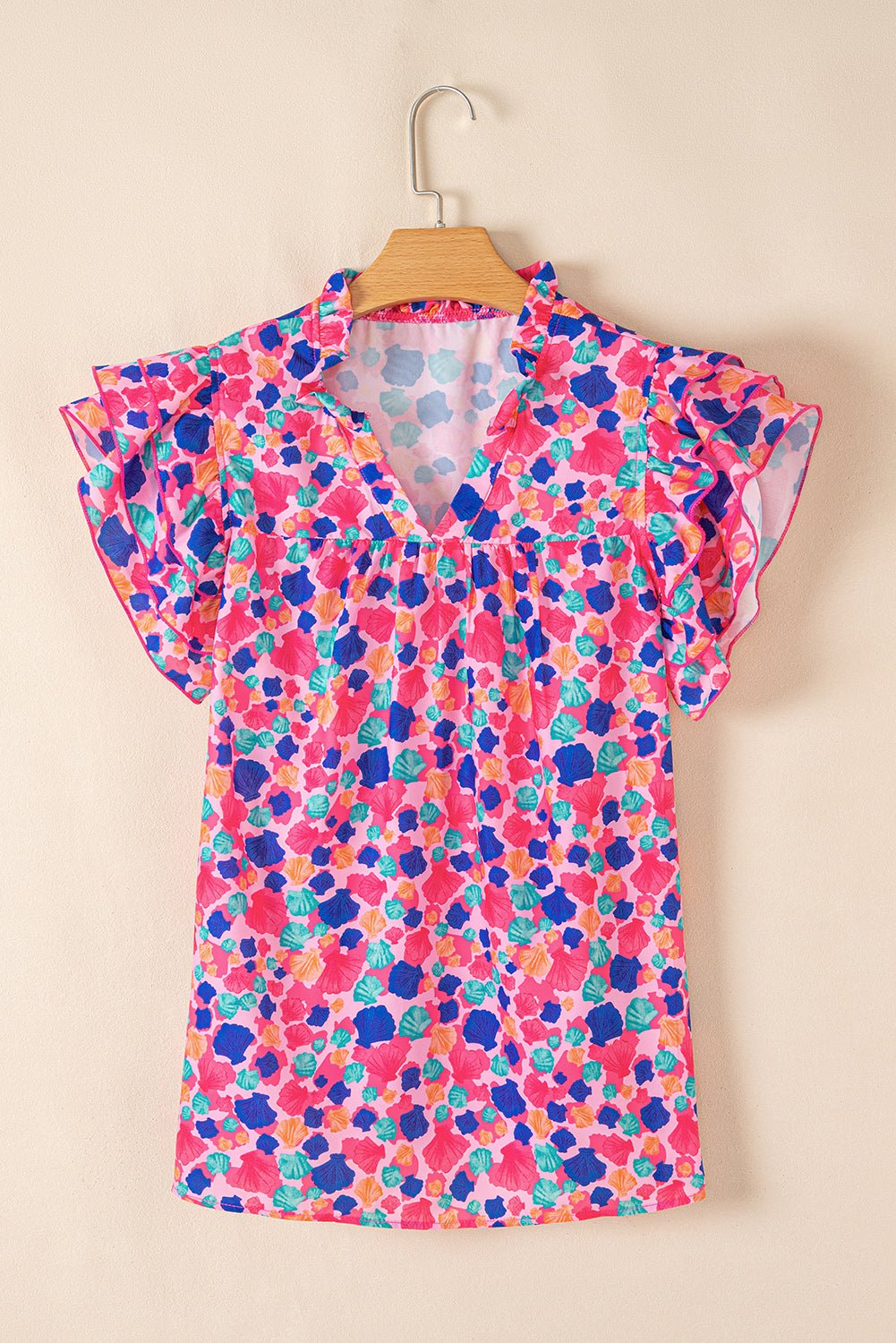 Rose Red Abstract Print Ruffle Sleeve V Neck Blouse - MAD RUFFI