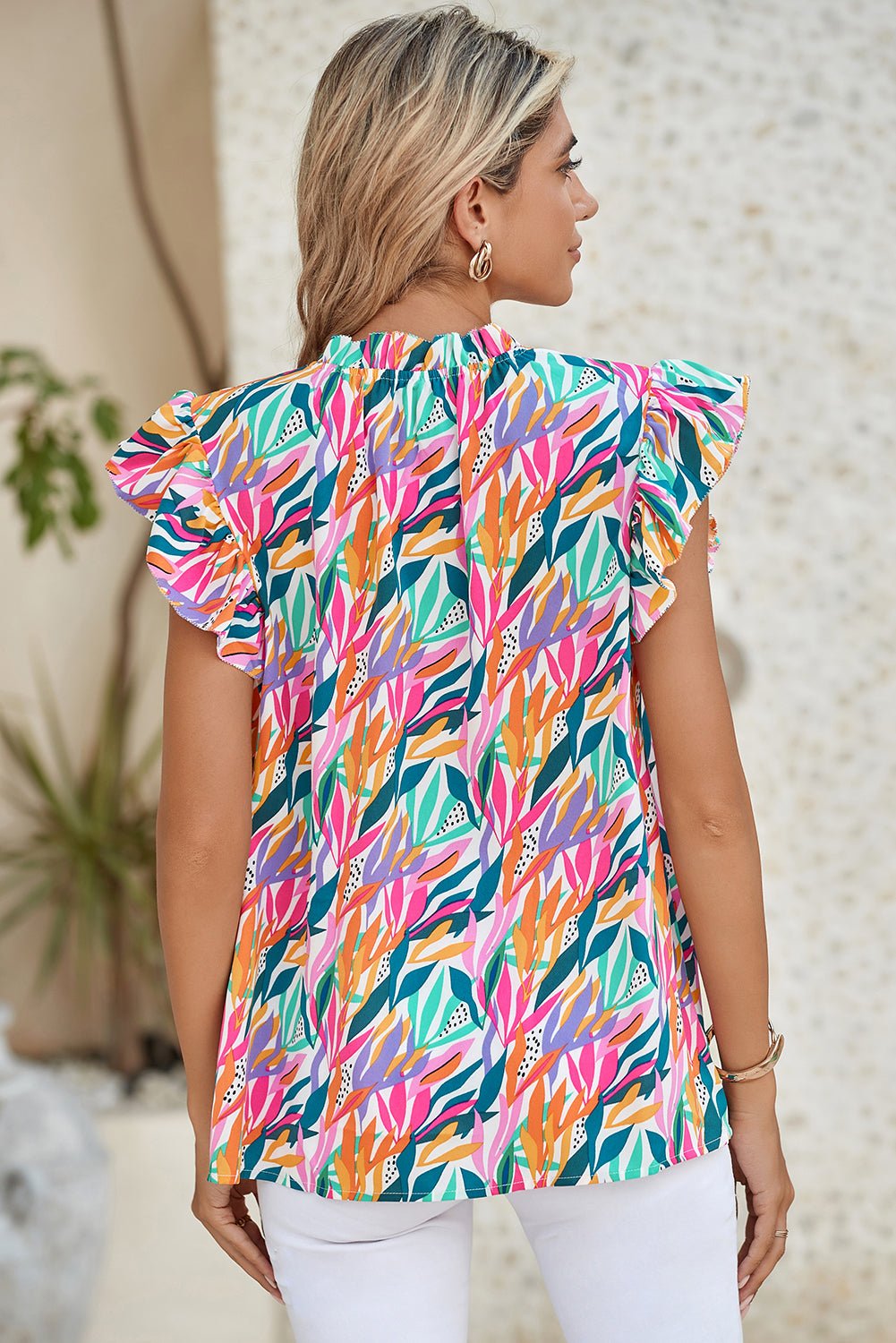 Rose Red Abstract Print Ruffled Flutter Shoulder Blouse - MAD RUFFI