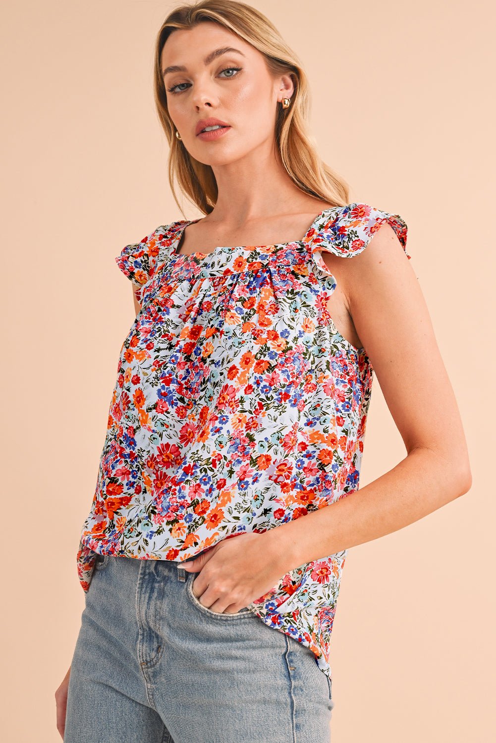 Rose Red Boho Floral Square Neck Flutter Sleeveless Top - MAD RUFFI