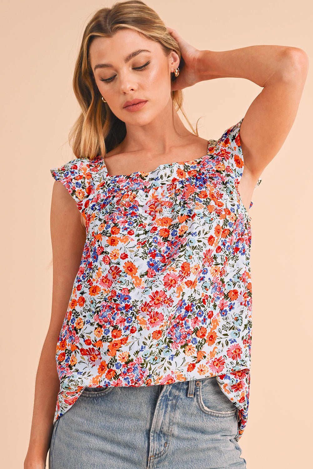 Rose Red Boho Floral Square Neck Flutter Sleeveless Top - MAD RUFFI