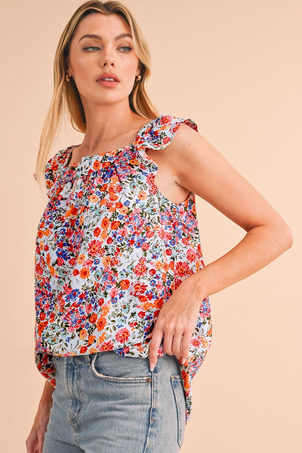 Rose Red Boho Floral Square Neck Flutter Sleeveless Top - MAD RUFFI