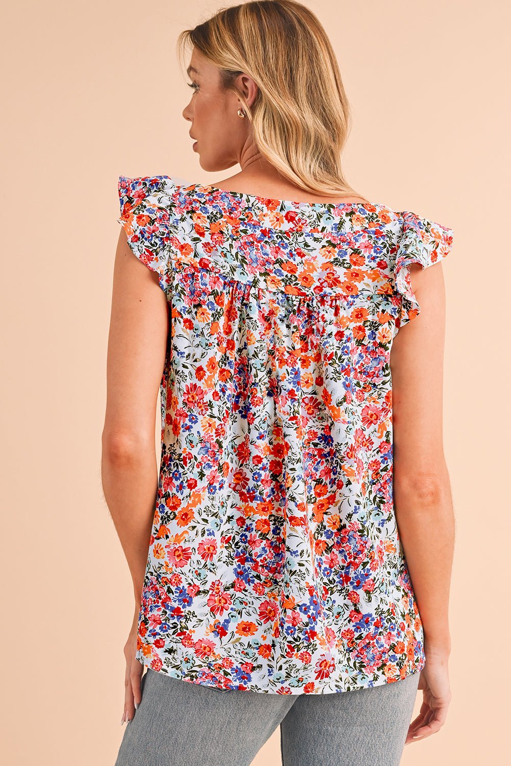 Rose Red Boho Floral Square Neck Flutter Sleeveless Top - MAD RUFFI
