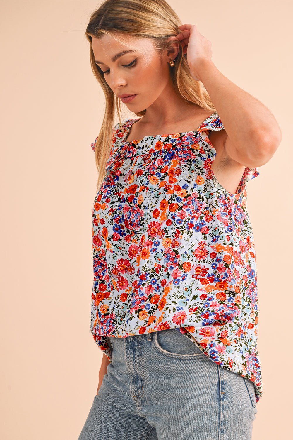 Rose Red Boho Floral Square Neck Flutter Sleeveless Top - MAD RUFFI