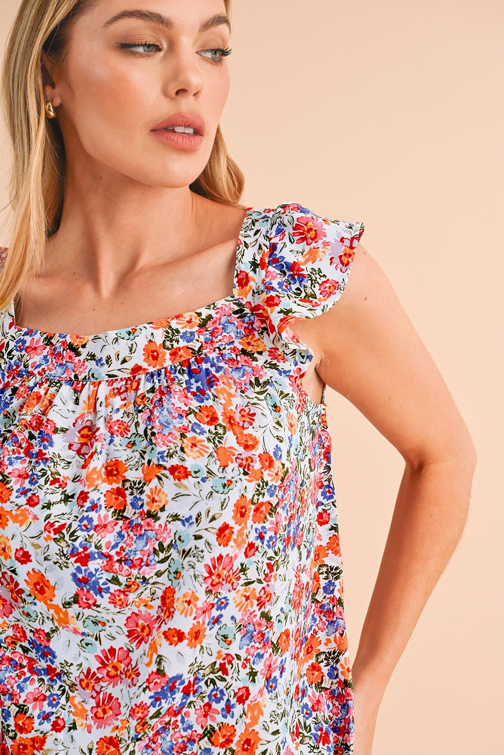 Rose Red Boho Floral Square Neck Flutter Sleeveless Top - MAD RUFFI